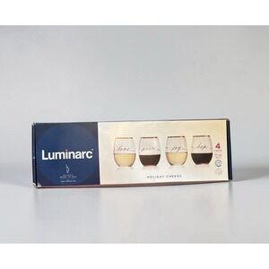 Luminarc Holiday Cheers Stemless Wine Glasses Love Peace Joy Hope Gold Trim NEW